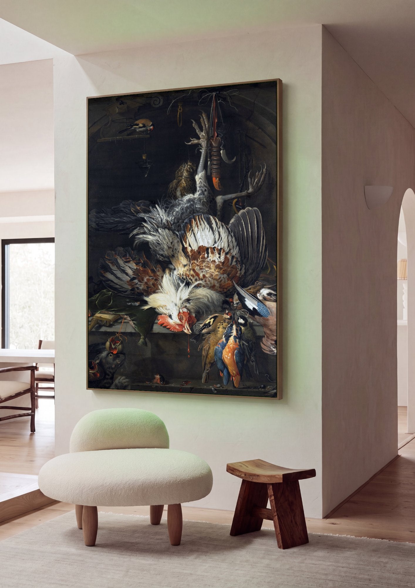 Quadro Decorativo Natureza-Morta de Caça e Gato - Abraham Mignon em ambiente decorado