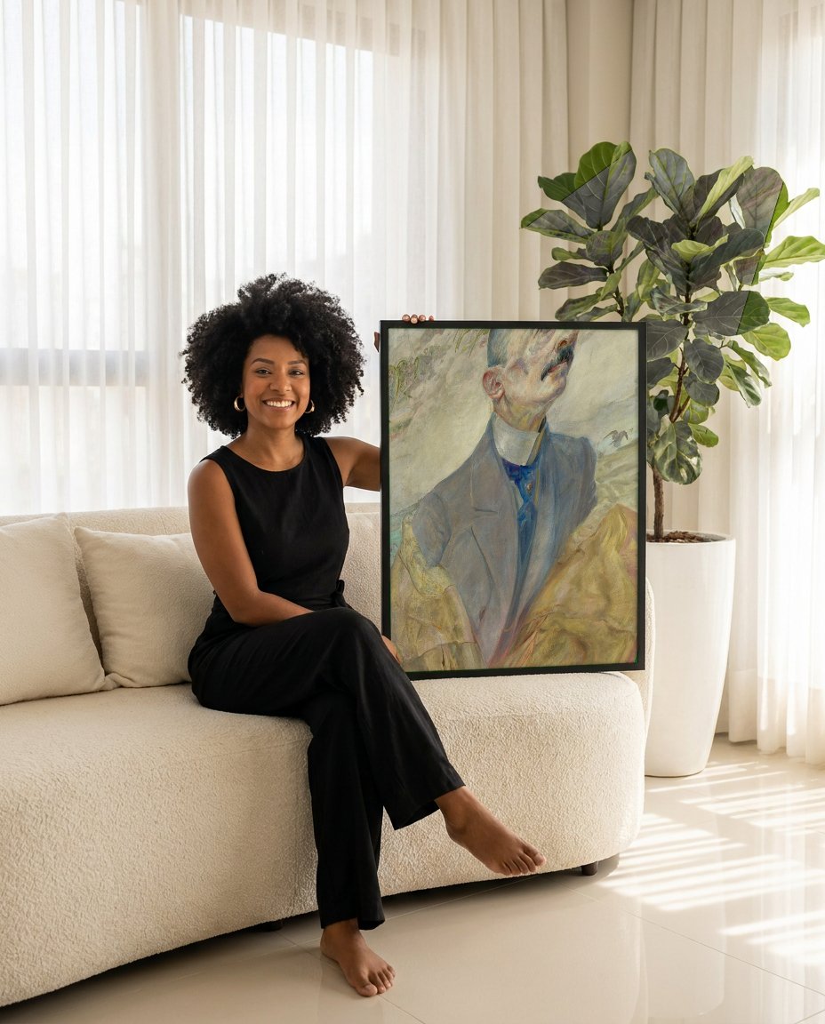 Quadro Decorativo Retrato com Anjos - Jacek Malczewski com modelo em ambiente