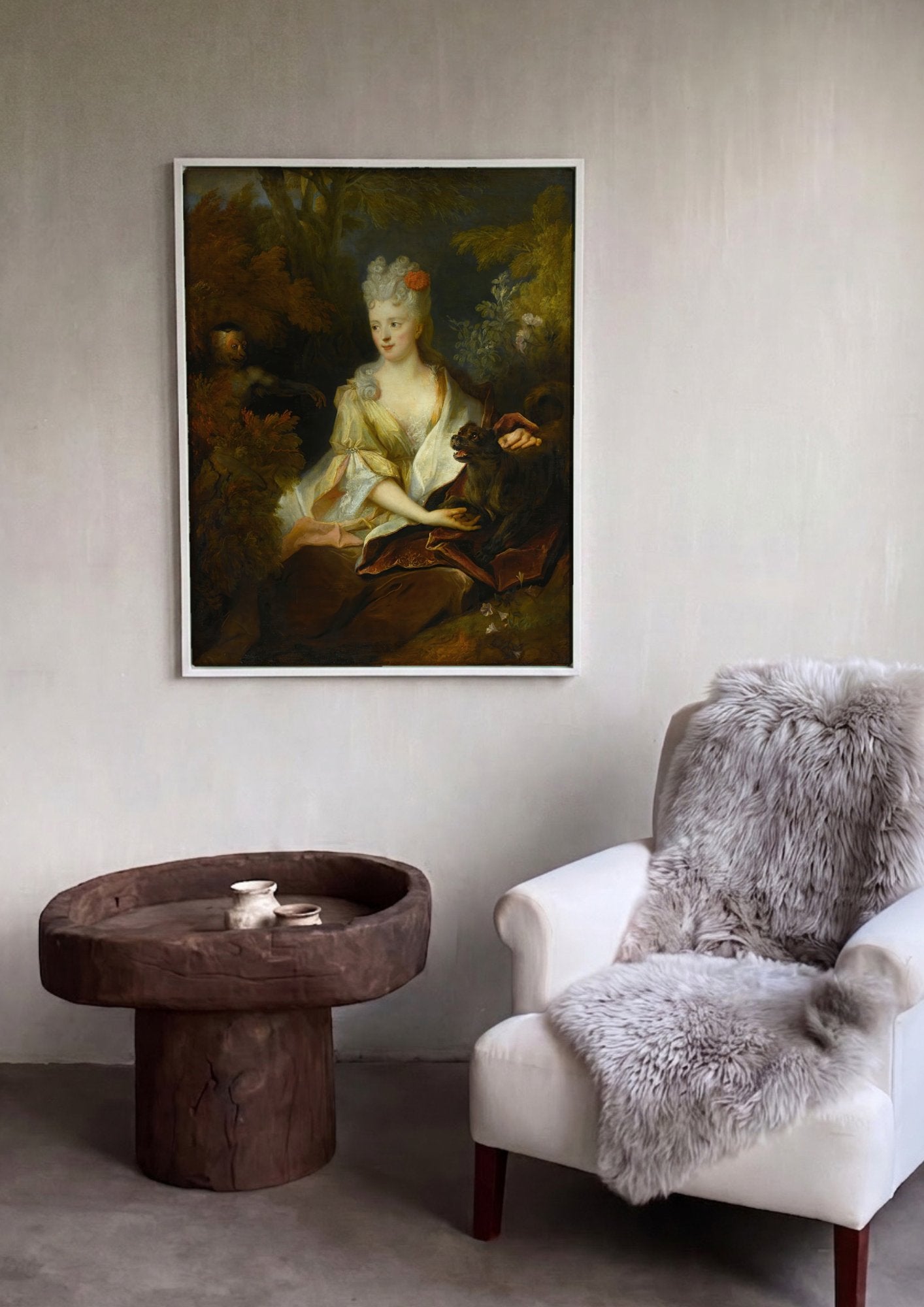 Quadro Decorativo Dama com Macaco e Cachorro - Largillière em ambiente decorado