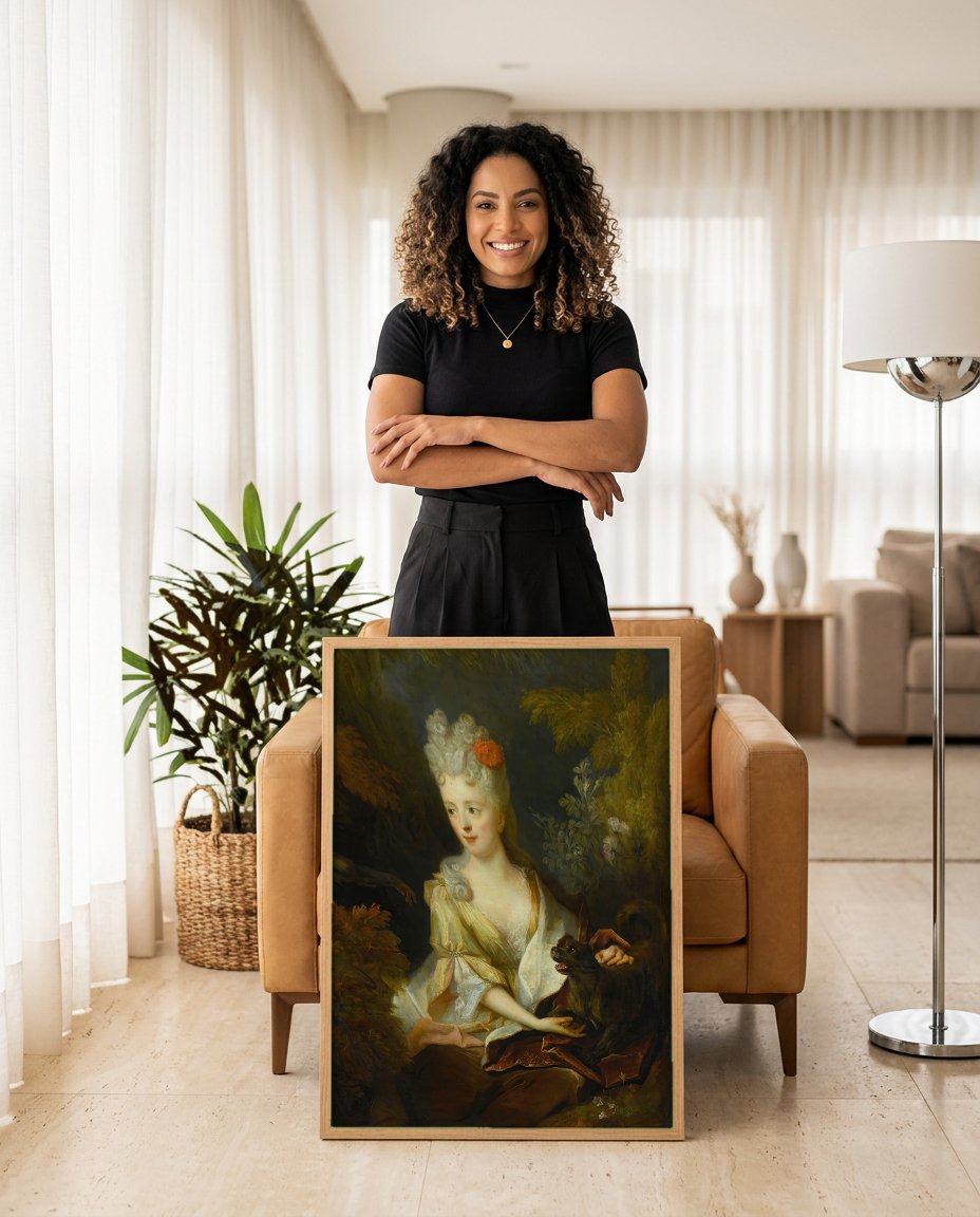 Quadro Decorativo Dama com Macaco e Cachorro - Largillière com modelo em ambiente