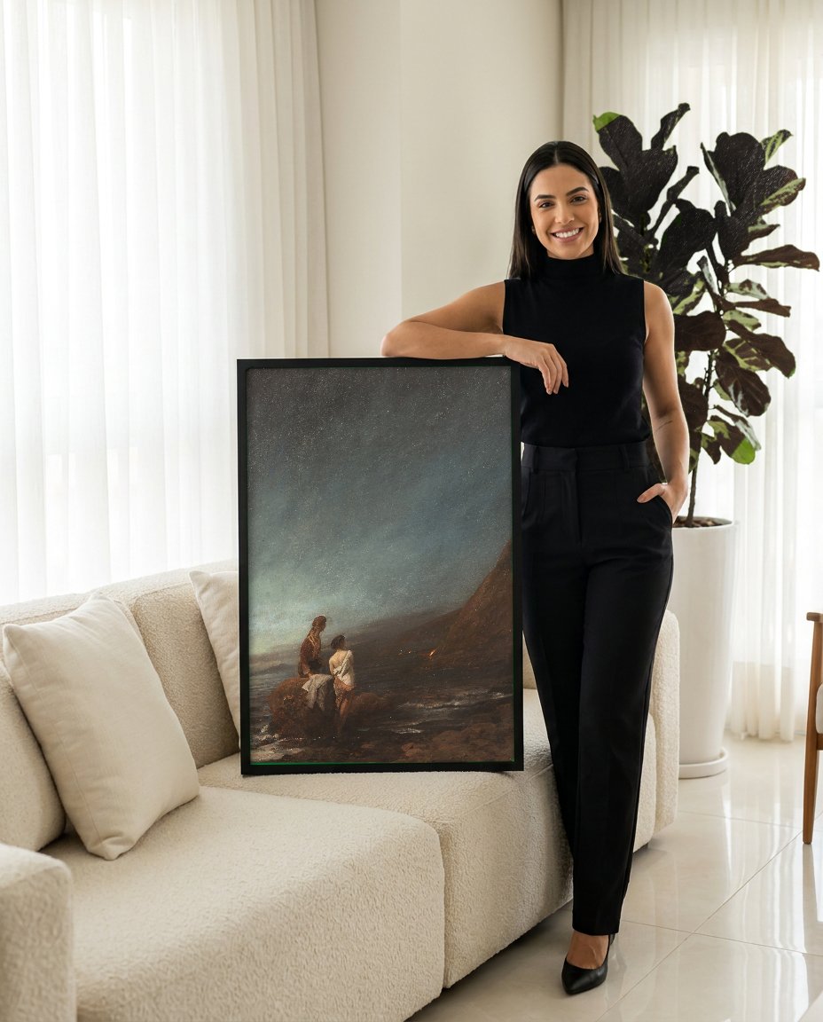 Quadro Decorativo 'O Naufrágio' - Oswald Achenbach com modelo em ambiente