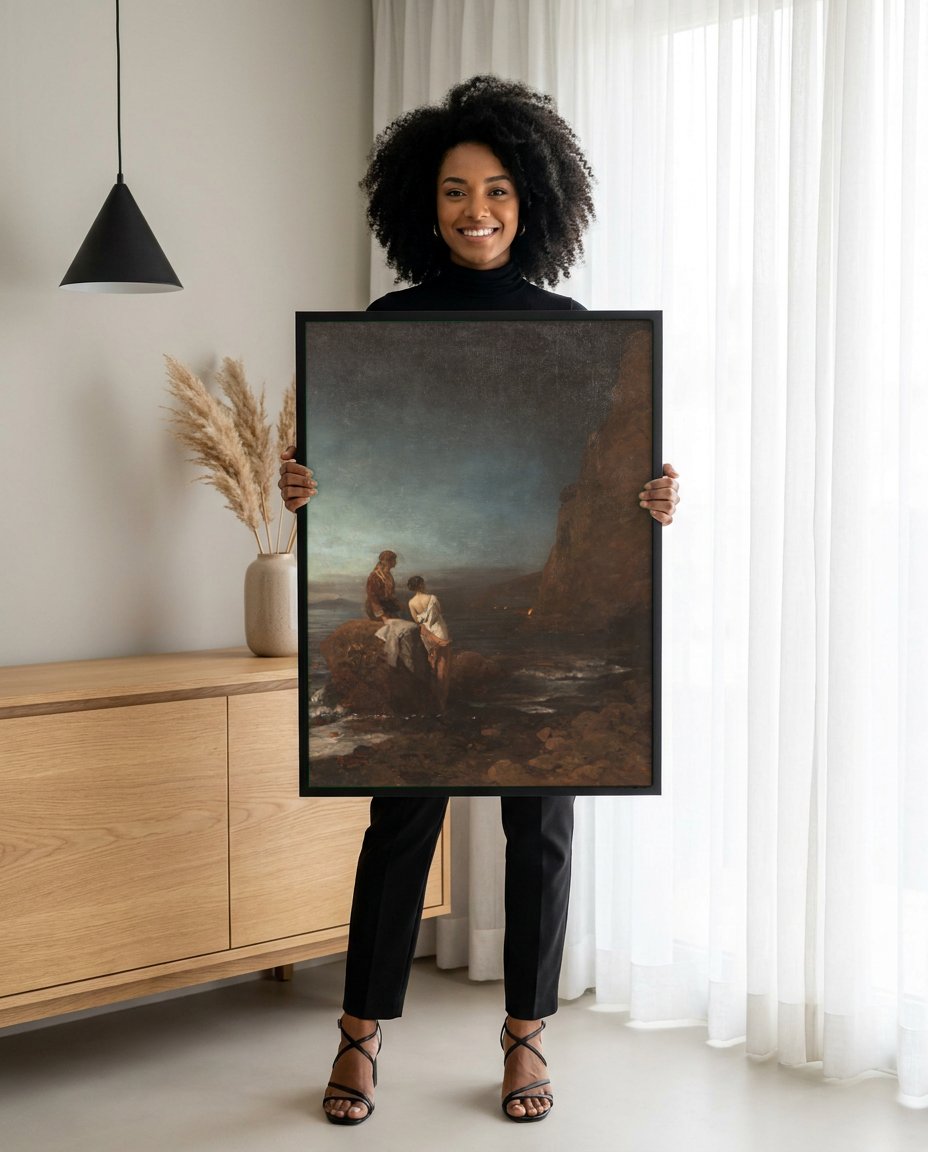 Quadro Decorativo 'O Naufrágio' - Oswald Achenbach com modelo em ambiente