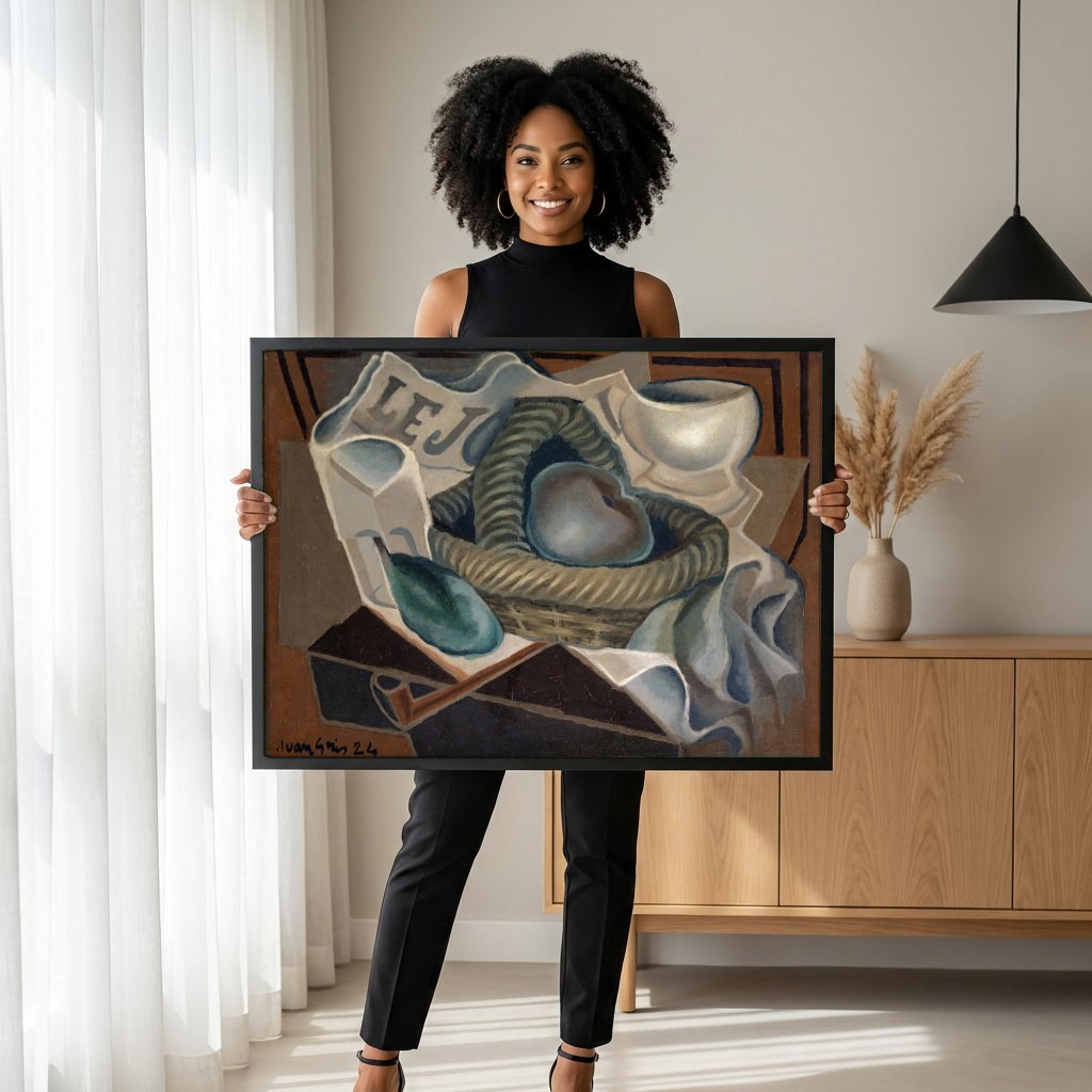 Quadro Decorativo Cesto de Frutas e Cachimbo - Juan Gris com modelo em ambiente