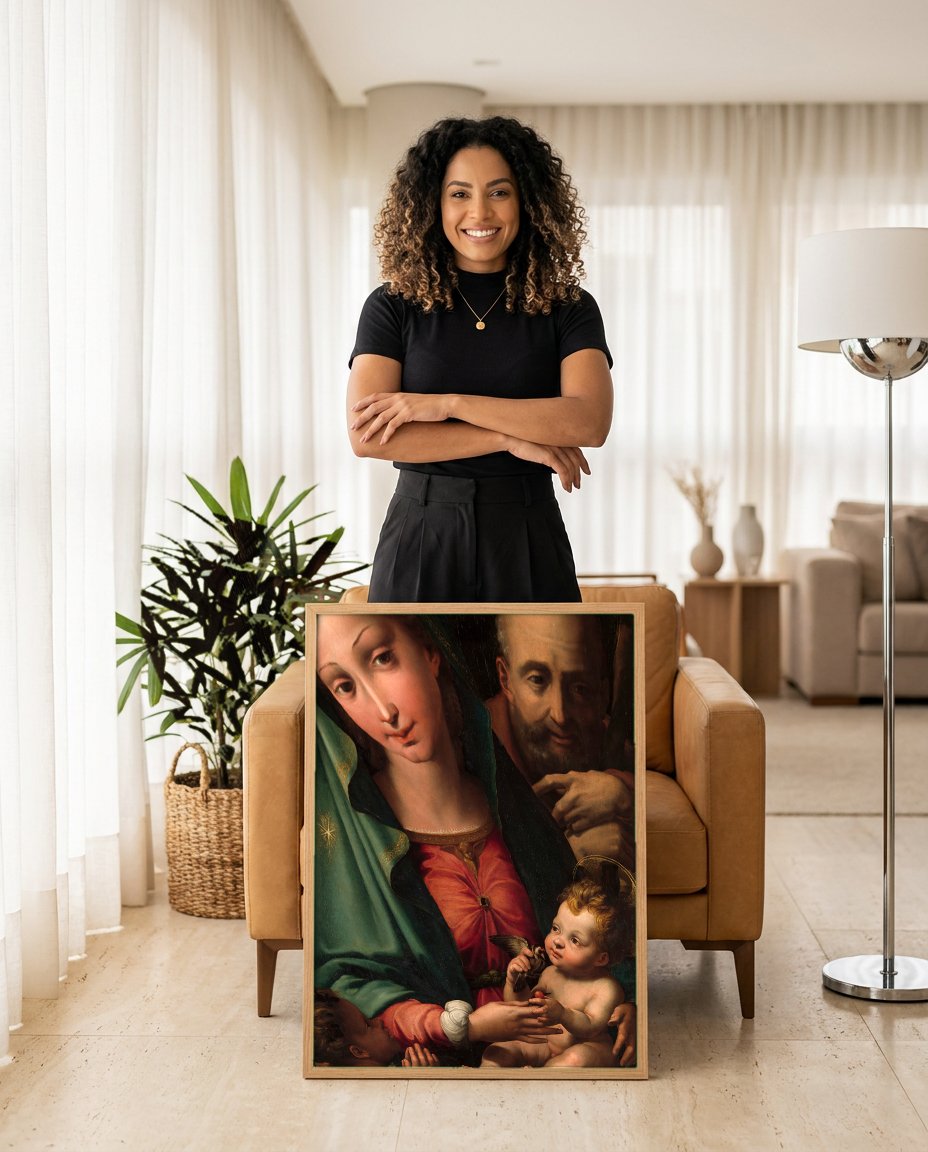 Quadro Decorativo A Sagrada Família – Jacopo Palma o Velho com modelo em ambiente