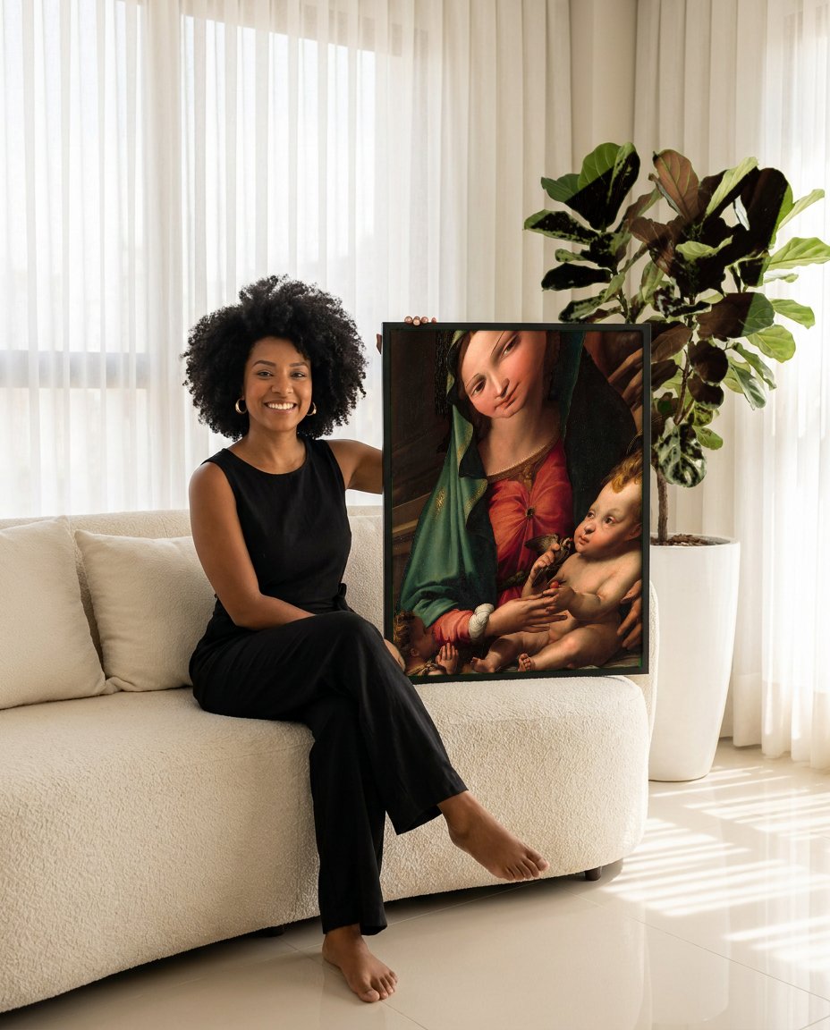 Quadro Decorativo A Sagrada Família – Jacopo Palma o Velho com modelo em ambiente
