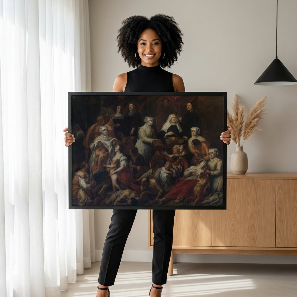Quadro Decorativo A Caridade Romana - Jacob Jordaens com modelo em ambiente