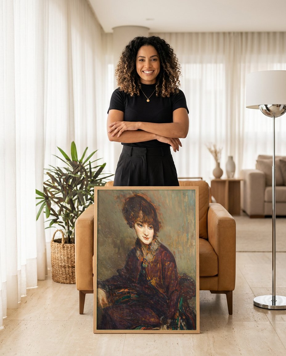 Quadro Decorativo Retrato de Mulher - Jacques Émile Blanche com modelo em ambiente