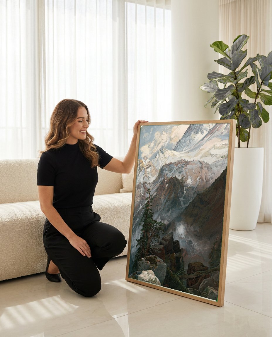 Quadro Decorativo Cume da Sierra Nevada - Thomas Moran com modelo em ambiente