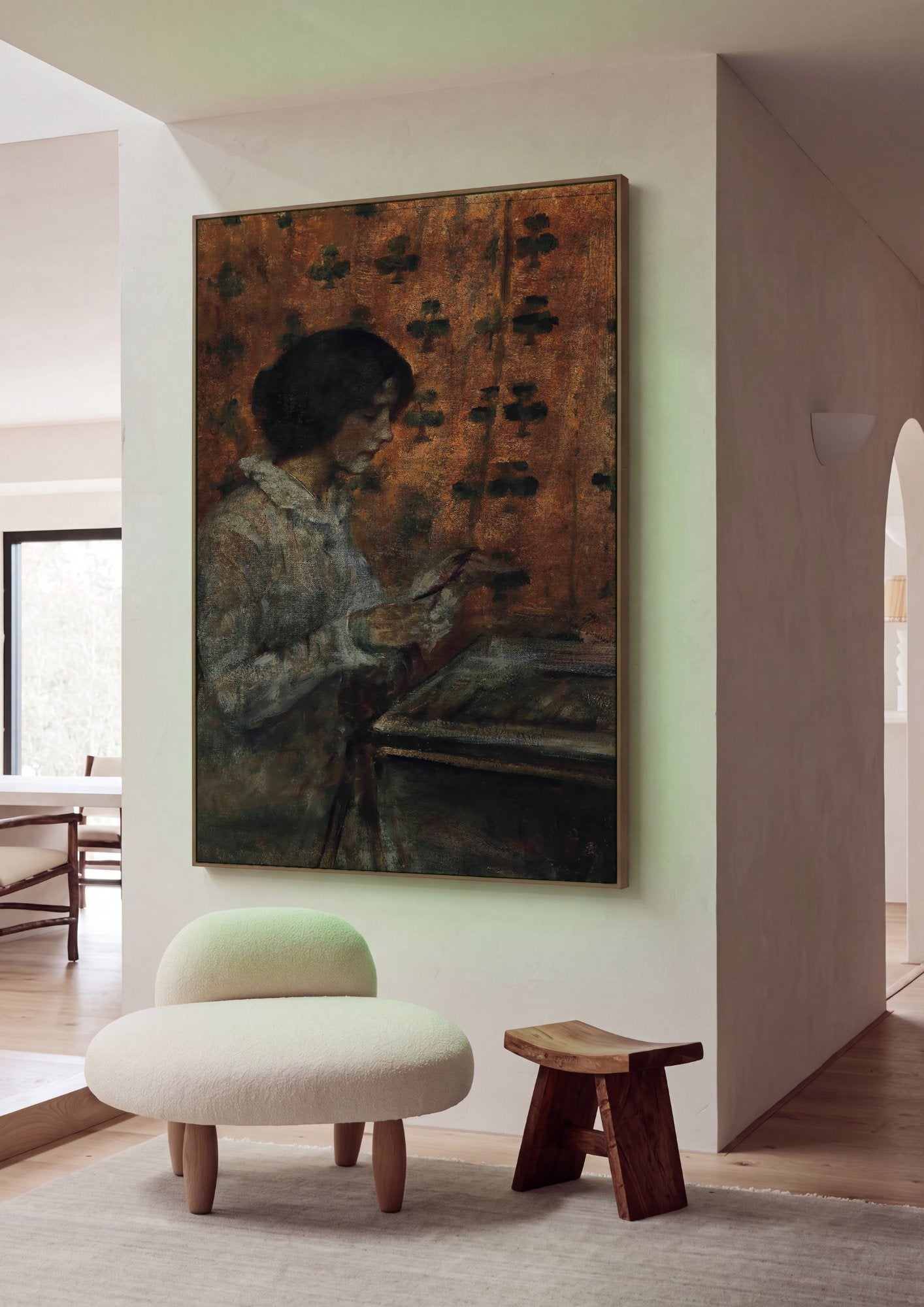 Quadro Decorativo A Leitura (ou A Bordadeira) - James Jebusa Shannon em ambiente decorado