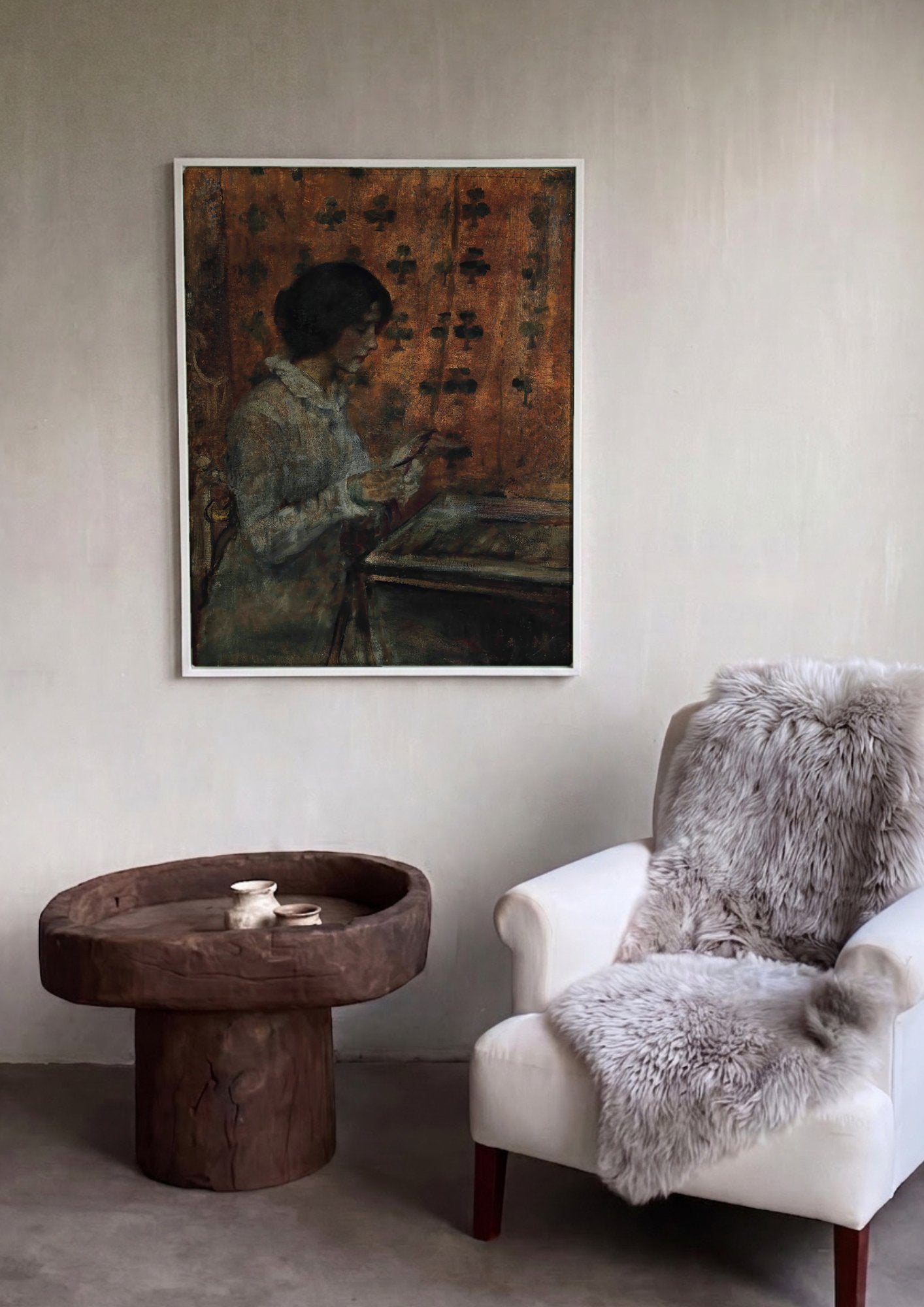 Quadro Decorativo A Leitura (ou A Bordadeira) - James Jebusa Shannon em ambiente decorado
