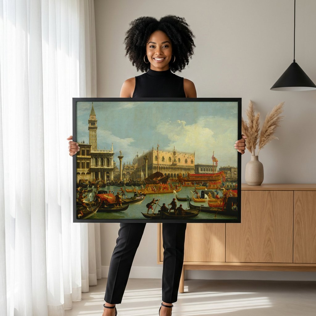 Quadro Decorativo A Chegada do Embaixador Frances - Canaletto com modelo em ambiente