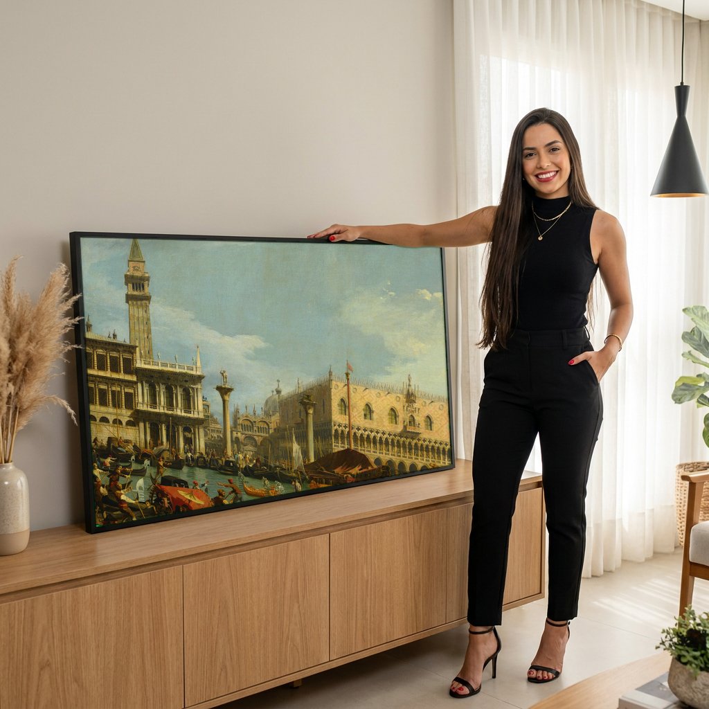 Quadro Decorativo A Chegada do Embaixador Frances - Canaletto com modelo em ambiente