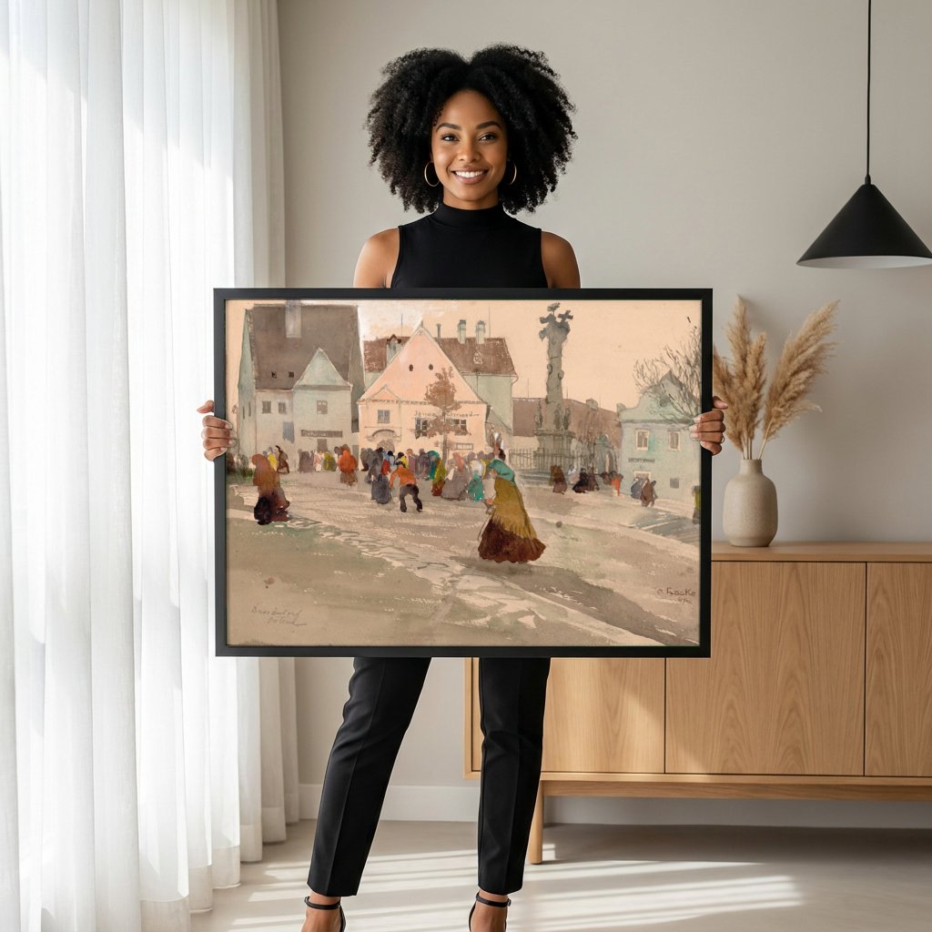 Quadro Decorativo Cena Urbana em Mercado - Oskar Laske com modelo em ambiente