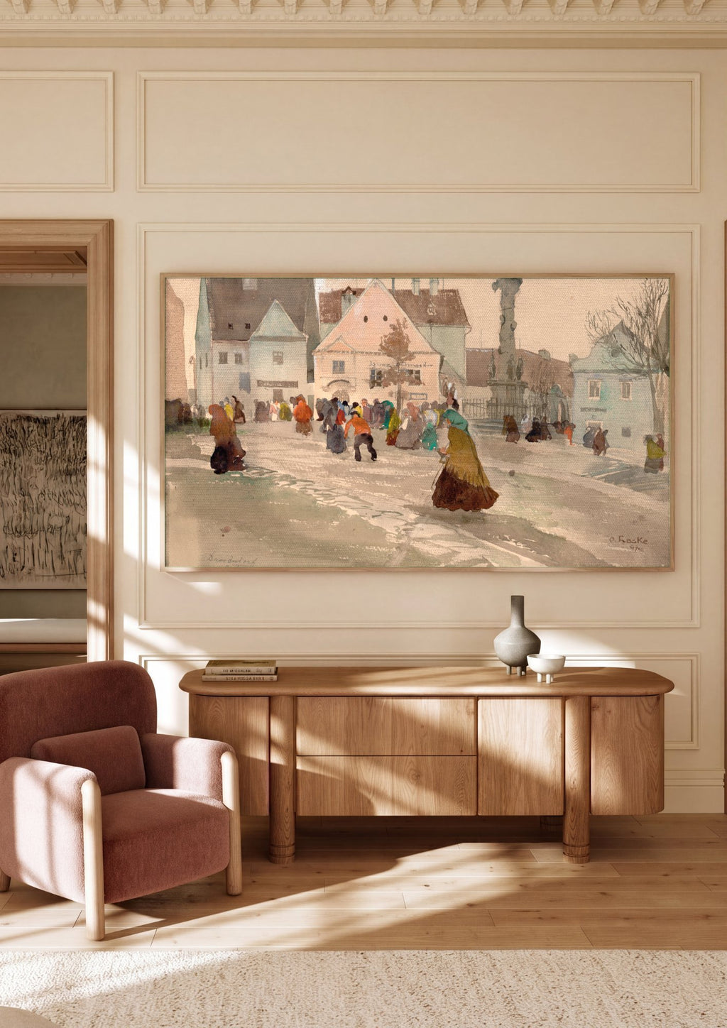 Quadro Decorativo Cena Urbana em Mercado - Oskar Laske em ambiente decorado