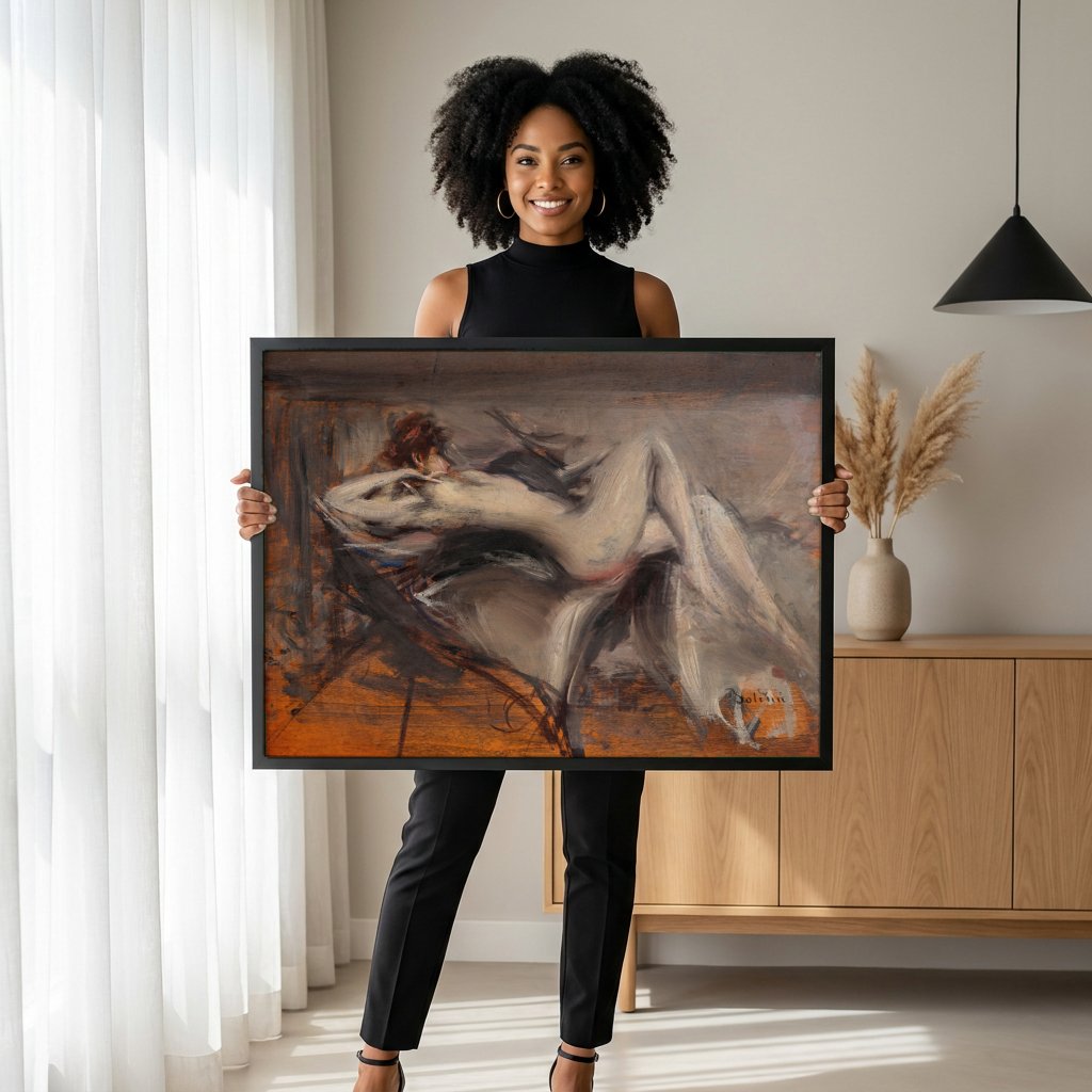 Quadro Decorativo Nu Feminino Reclinado - Boldini com modelo em ambiente