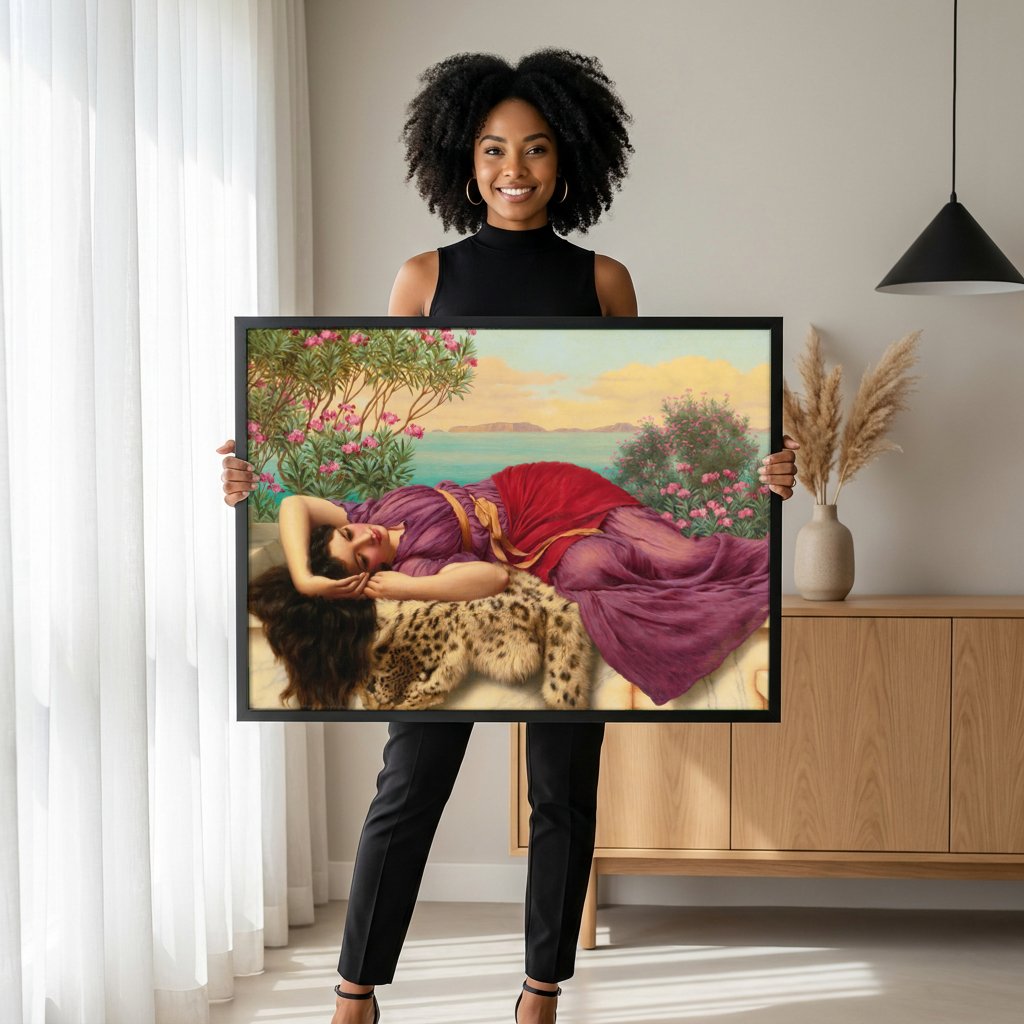 Quadro Decorativo A Favorita do Imperador - John William Godward com modelo em ambiente