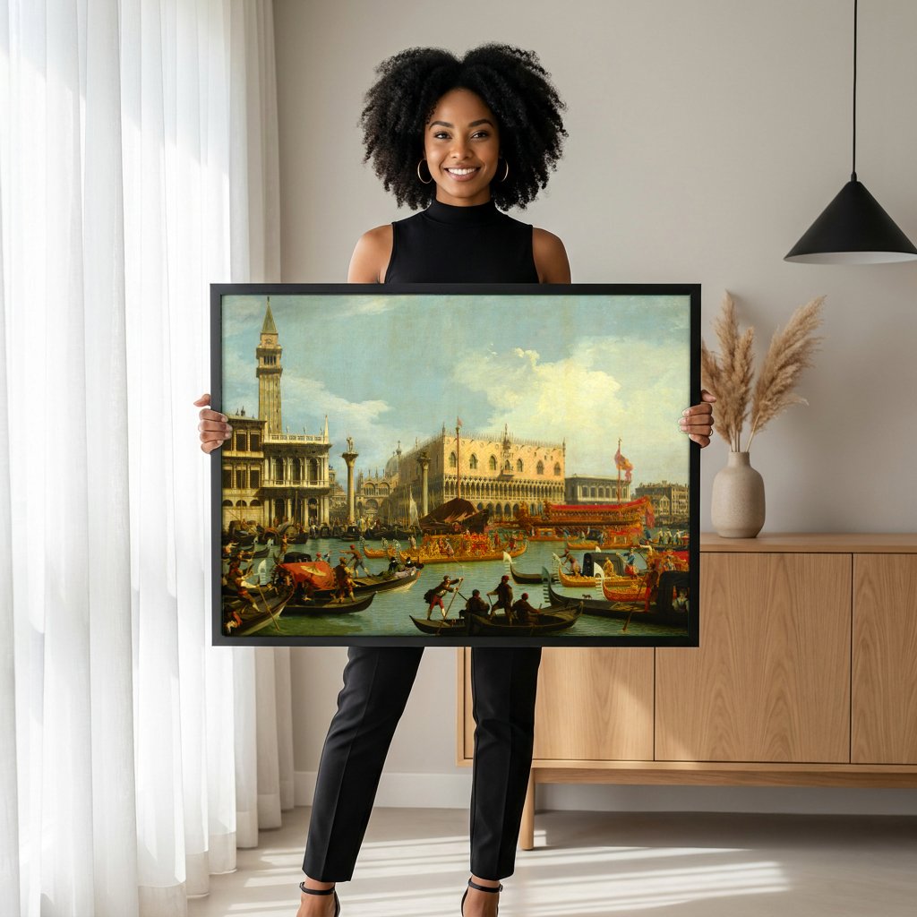 Quadro Decorativo A Chegada do Embaixador Francês - Canaletto com modelo em ambiente