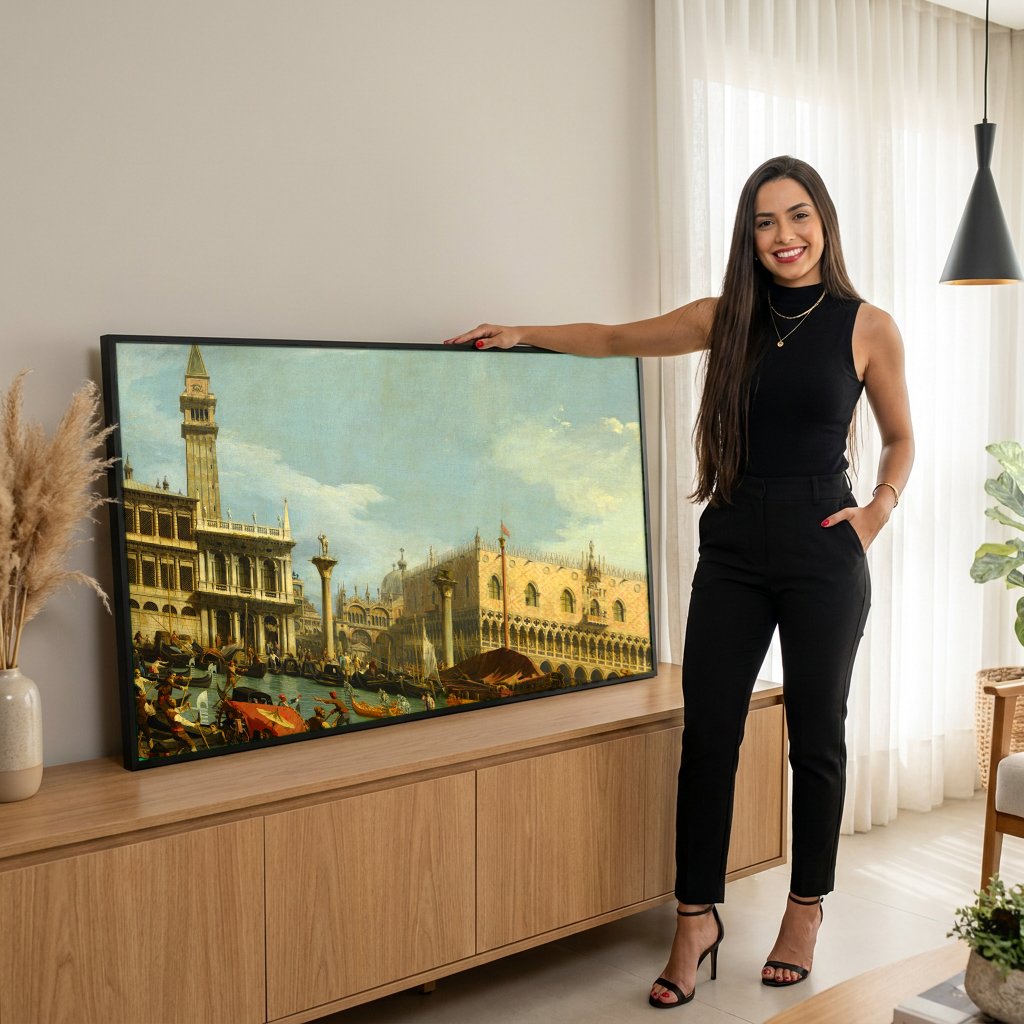 Quadro Decorativo A Chegada do Embaixador Francês - Canaletto com modelo em ambiente