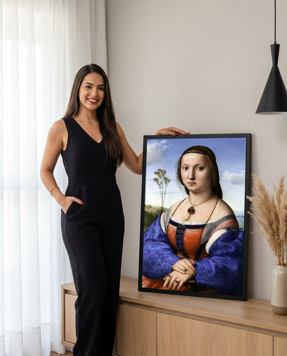 Quadro Decorativo A Donna Velata - Rafael com modelo em ambiente