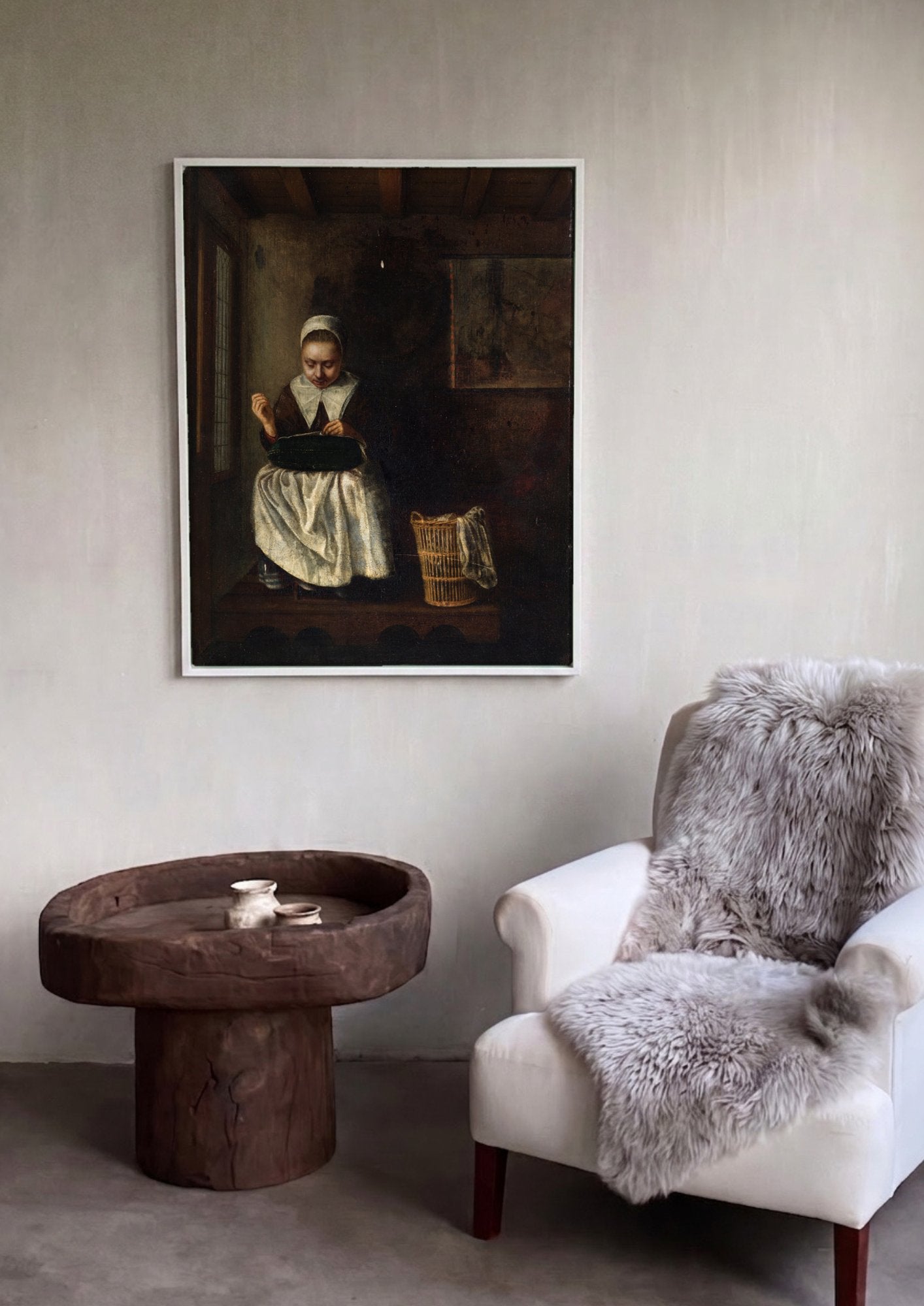 Quadro Decorativo A Costureira - Nicolaes Maes em ambiente decorado