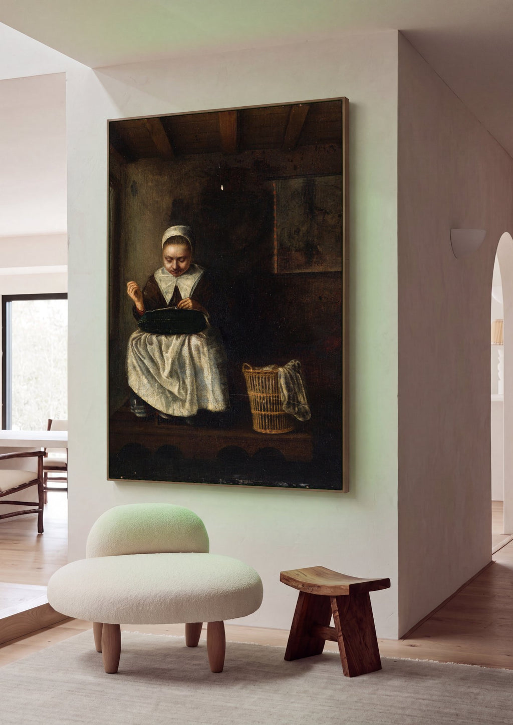 Quadro Decorativo A Costureira - Nicolaes Maes em ambiente decorado