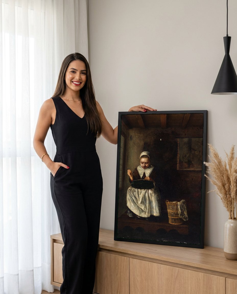 Quadro Decorativo A Costureira - Nicolaes Maes com modelo em ambiente