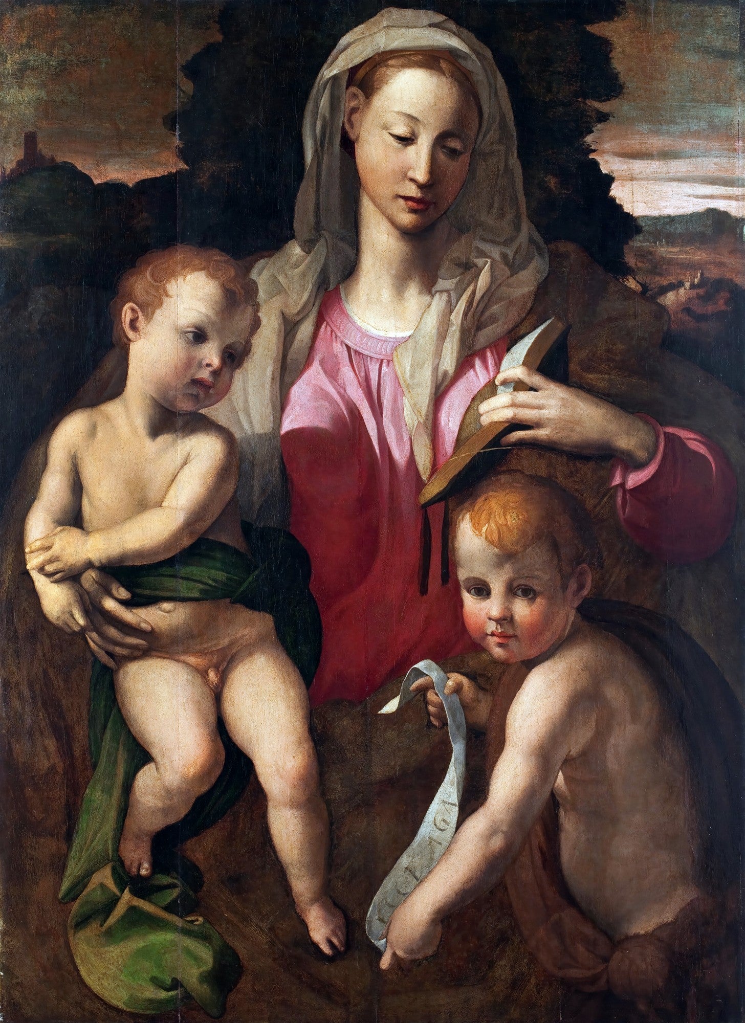 Quadro decorativo com a Virgem Maria, o Menino Jesus e São João Batista, obra atribuída a Agnolo Bronzino. A Virgem está ao centro, com os dois meninos ao seu lado, em uma composição clássica renascentista.