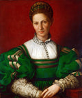 Retrato renascentista de uma dama com vestes verdes e touca dourada, em fundo vermelho, atribuído a Bronzino.