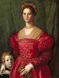 Quadro decorativo mostrando uma senhora renascentista com um vestido vermelho vibrante e um turbante dourado, segurando uma criança de cabelos cacheados ao seu lado esquerdo. Ambos olham para frente com expressão séria. Ao fundo, uma cortina verde escura.