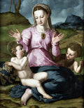 Quadro decorativo 'A Virgem e o Menino com São João Batista' de Agnolo Bronzino, representando Maria com o Menino Jesus e São João Batista em paisagem renascentista.