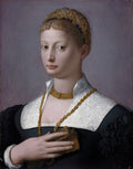 Retrato de uma jovem dama renascentista com vestido preto, gola branca rendada e joias douradas, sobre fundo roxo. Atribuído a Bronzino.