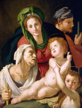 Quadro 'A Sagrada Família (Madonna della Gatta)' de Bronzino, representando Maria, São José, Santa Ana e o Menino Jesus com São João Batista, em cores vibrantes e composição harmoniosa.