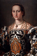 Retrato de uma dama renascentista com vestido bordado e joias de pérolas, pintado por Bronzino.