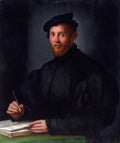 Retrato de um jovem ruivo com barba, usando boina preta e roupa escura, escrevendo em um livro com uma pena. A obra é de Agnolo Bronzino e apresenta um fundo escuro e uma mesa verde.