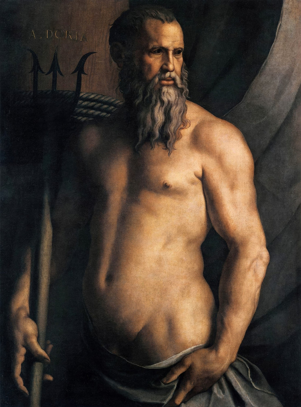 Quadro decorativo com pintura de Andrea Doria como Netuno, por Agnolo Bronzino. Um homem barbudo e musculoso, nu da cintura para cima, segurando um tridente. Tons escuros predominam, com a pele bronzeada do homem em destaque.