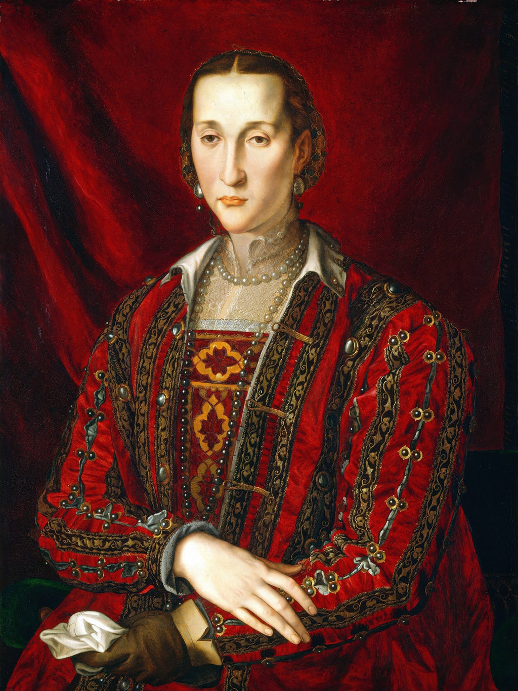 Retrato de uma dama renascentista vestida ricamente em vermelho e ouro, com pérolas e um semblante sério, pintado por Agnolo Bronzino.