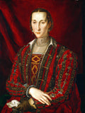 Retrato de uma dama renascentista vestida ricamente em vermelho e ouro, com pérolas e um semblante sério, pintado por Agnolo Bronzino.