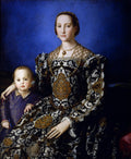 Retrato de mulher e criança do Renascimento, atribuído a Agnolo Bronzino. A mulher, vestida com um luxuoso vestido preto, dourado e branco, segura seu filho pequeno no colo, em um fundo azul escuro.