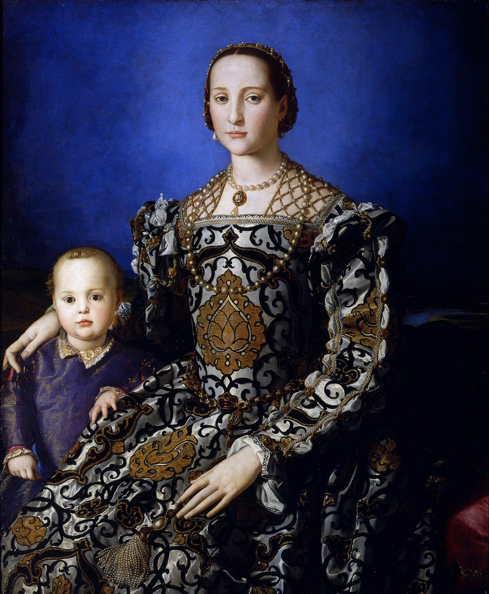 Retrato de mulher e criança do Renascimento, atribuído a Agnolo Bronzino. A mulher, vestida com um luxuoso vestido preto, dourado e branco, segura seu filho pequeno no colo, em um fundo azul escuro.