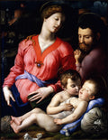 Quadro decorativo da Sagrada Família com São João Batista por Bronzino, com Maria, José e os dois meninos, Jesus e São João, em tons vibrantes de rosa, azul e marrom, sobre um fundo escuro com uma paisagem fortificada ao fundo. Detalhes de auréolas douradas e expressão serena nos rostos.