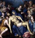 Quadro decorativo da pintura 'Lamentação de Cristo' de Bronzino, representando Maria segurando o corpo de Cristo morto, cercada por figuras em luto e compaixão. As cores são ricas e os rostos expressivos, com tons de azul, vermelho e dourado predominando.