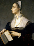 Retrato de uma dama renascentista, possivelmente Lucrezia Panciatichi, pintada por Bronzino. Ela está sentada de perfil, com um livro aberto nas mãos, usando um toucado e vestido escuro com gola branca plissada. A imagem tem um fundo cinza escuro e iluminação suave.