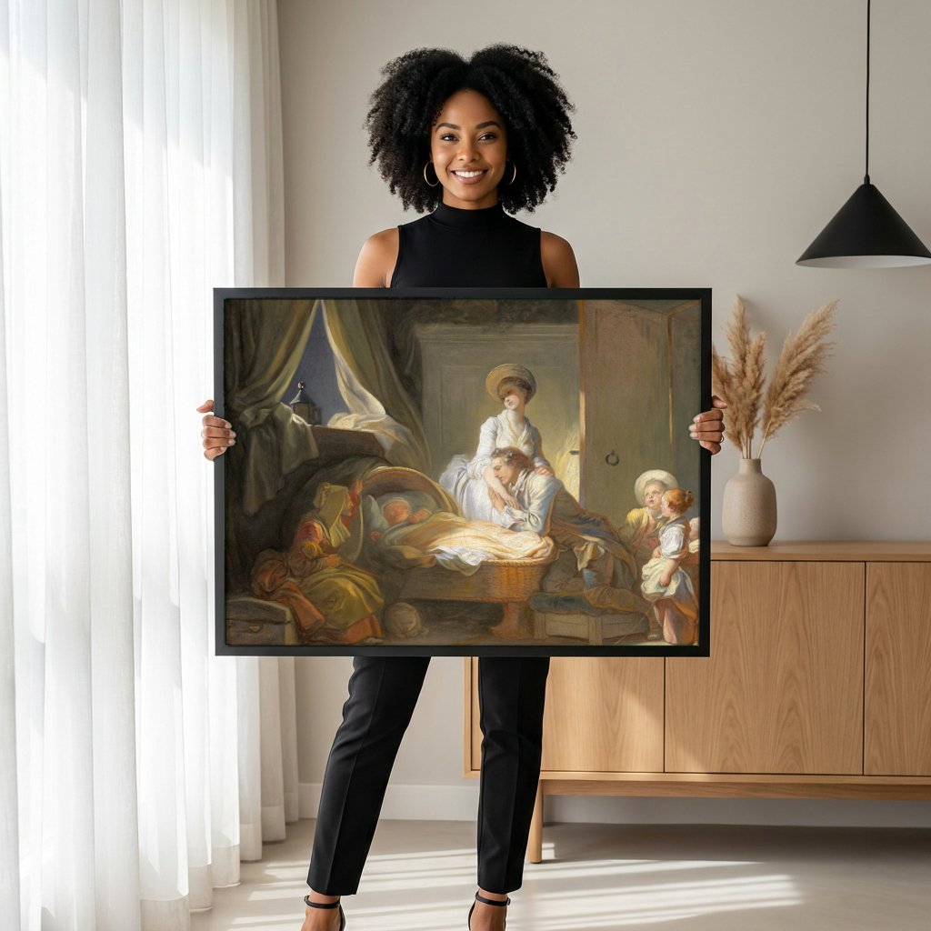 Quadro Decorativo A Visita ao Bebe - Fragonard com modelo em ambiente