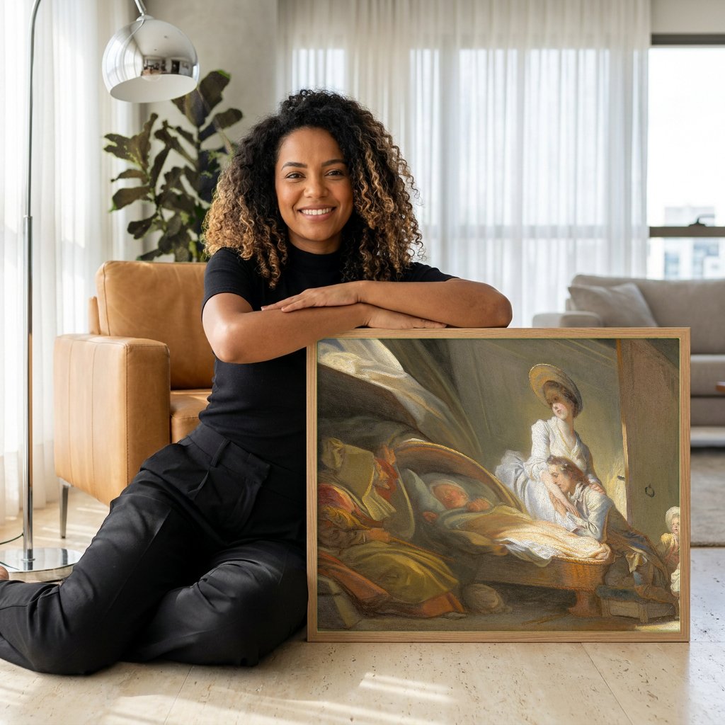 Quadro Decorativo A Visita ao Bebe - Fragonard com modelo em ambiente