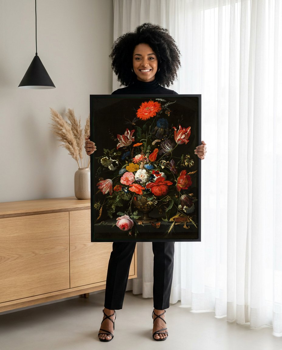 Quadro Decorativo Cesto de Flores - Abraham Mignon com modelo em ambiente