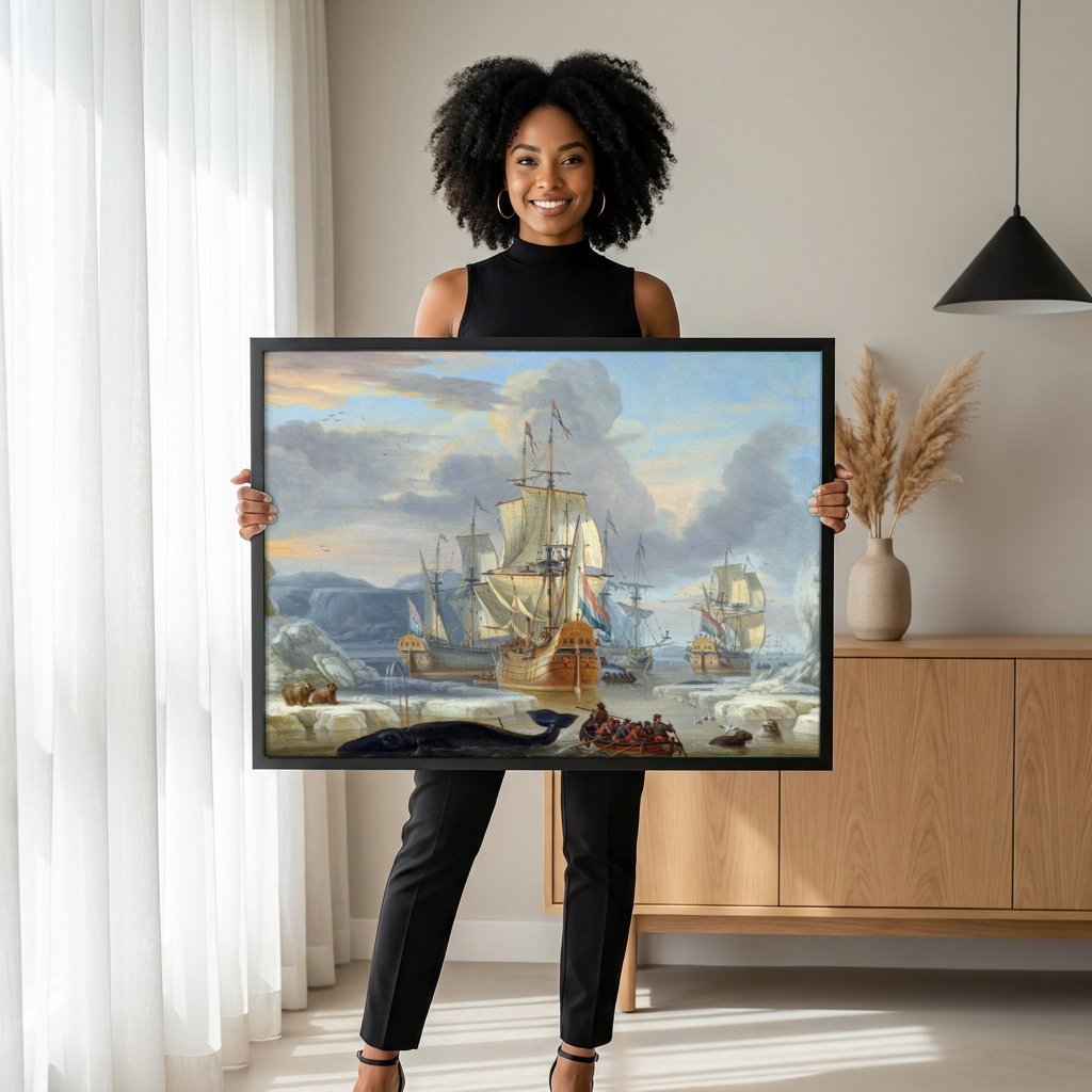 Quadro Decorativo A Caça à Baleia - Abraham Storck com modelo em ambiente