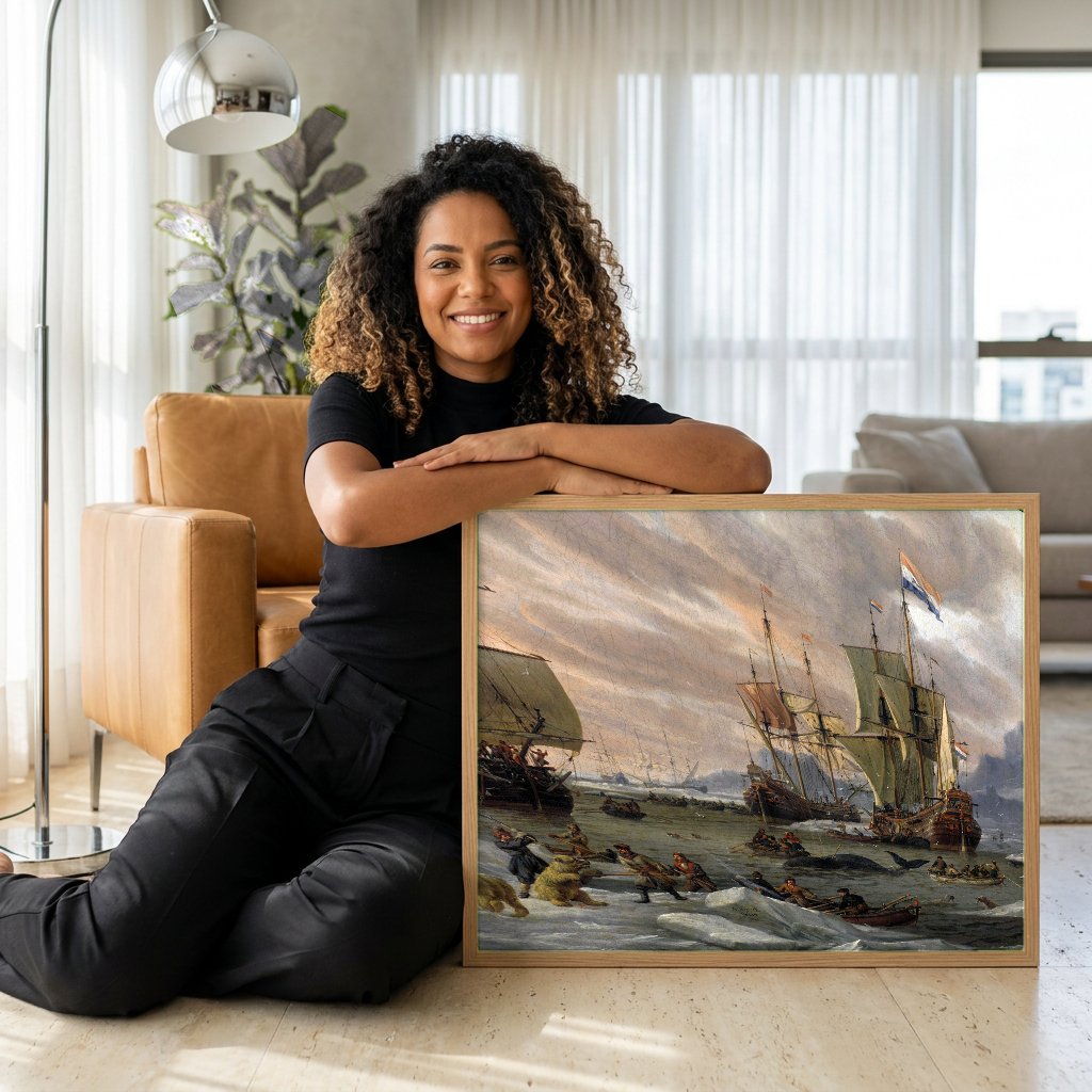 Quadro Decorativo A Caça à Baleia - Abraham Storck com modelo em ambiente