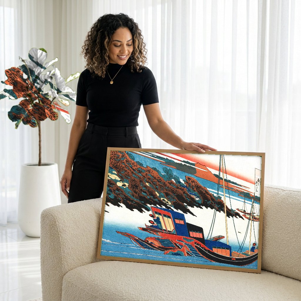Quadro Decorativo Porto de Tago e a Baía de Ejiri - Hokusai com modelo em ambiente