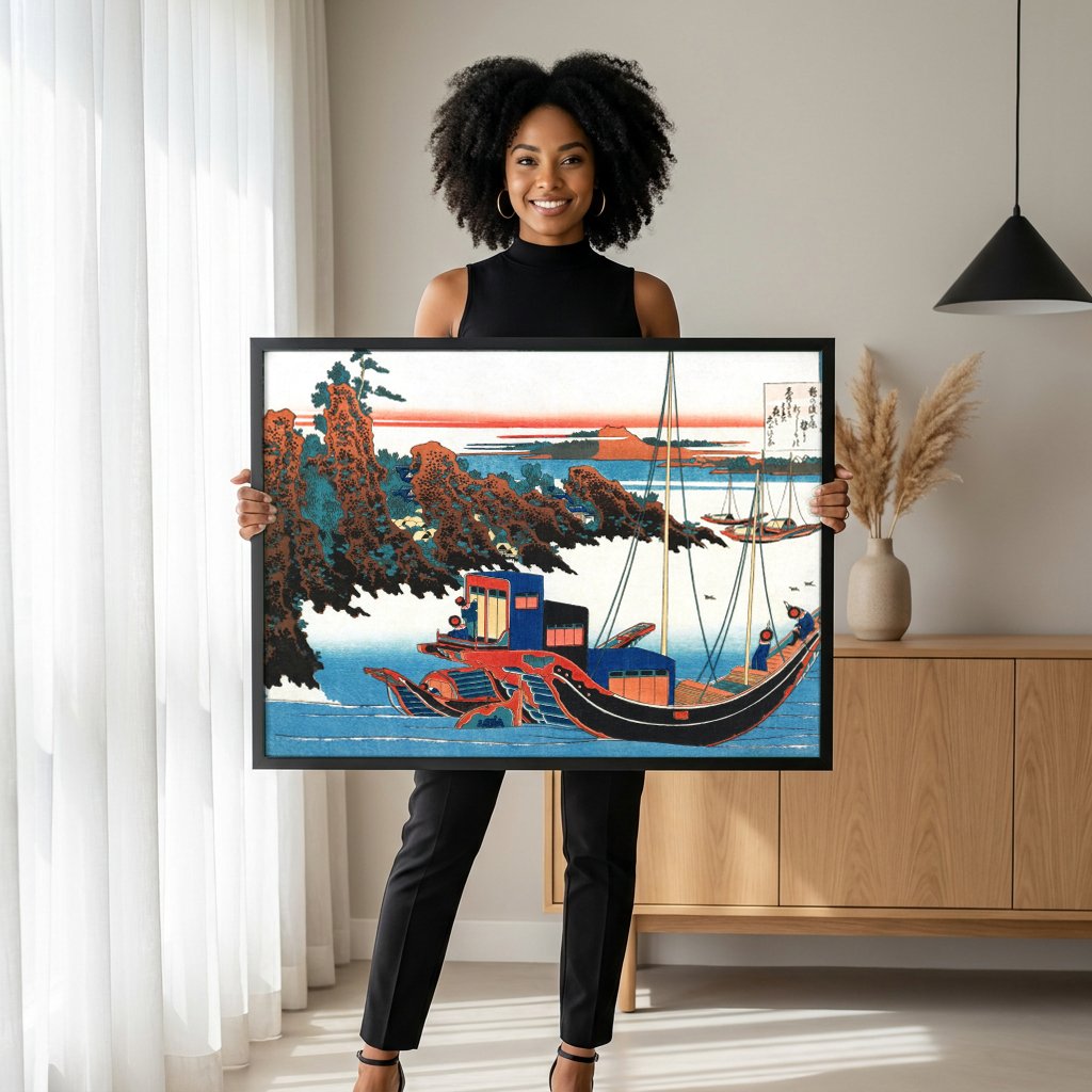 Quadro Decorativo Porto de Tago e a Baía de Ejiri - Hokusai com modelo em ambiente