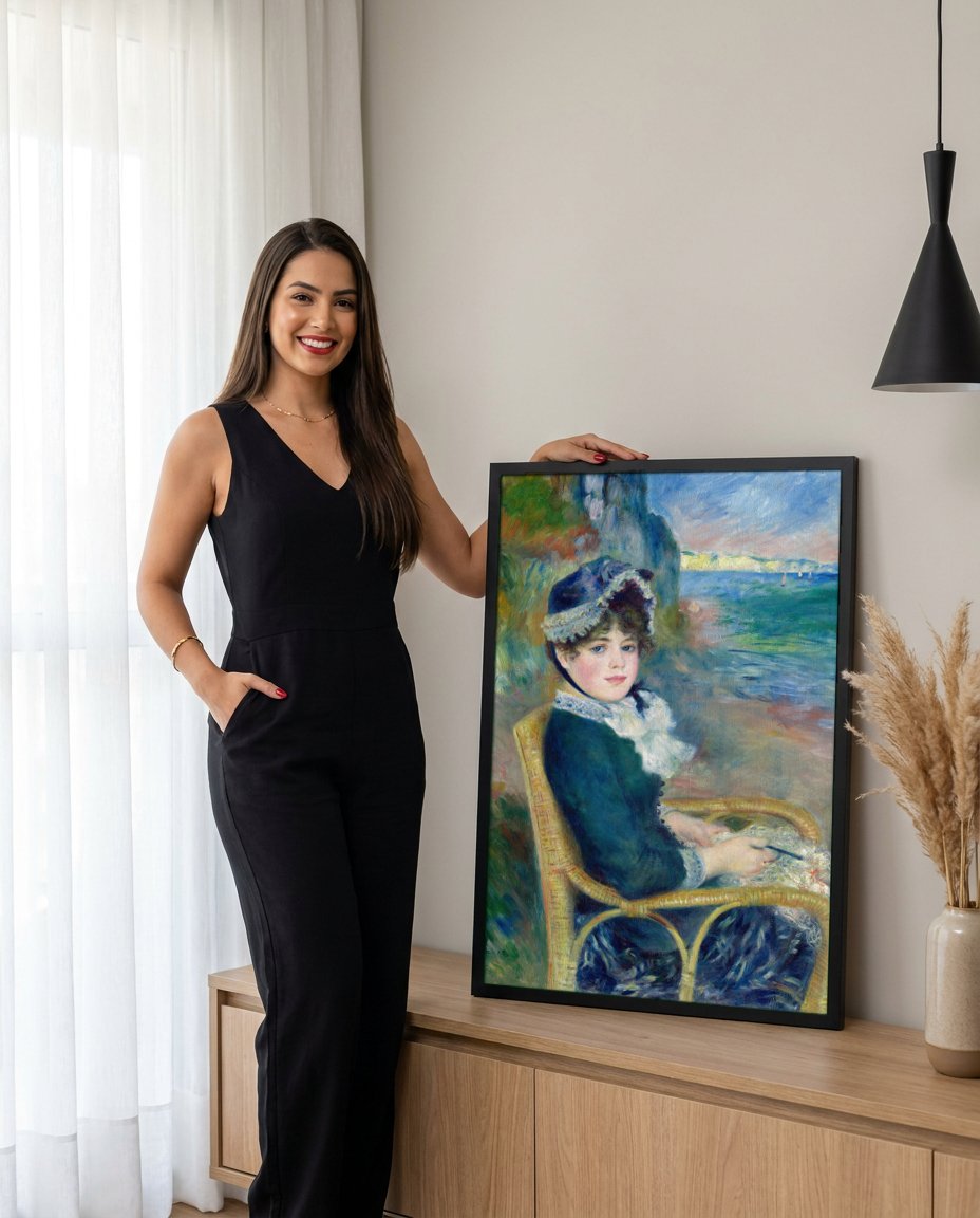 Quadro Decorativo Jovem Mulher na Praia - Renoir com modelo em ambiente
